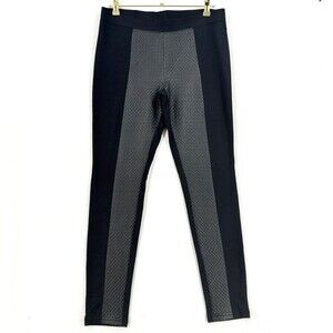 HUE Leggings Women L Black Faux Leather Textured Panel Ponte Stretch Skinny Pant